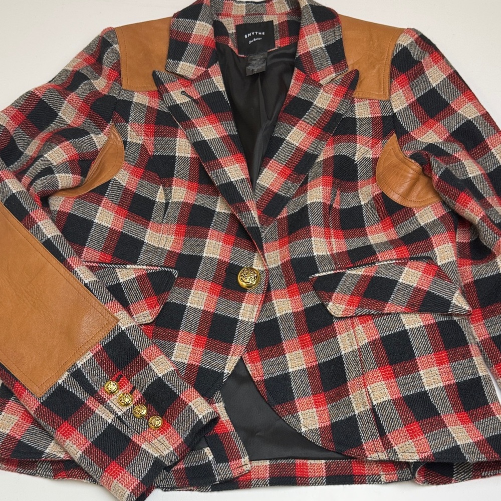 Smythe Sz 12 Red and Black Plaid Single Breasted Blazer w/ Leather Accents